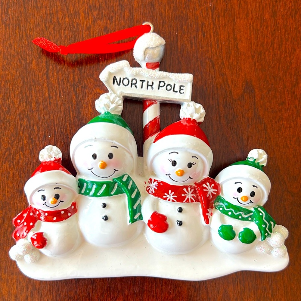 Snowman family Christmas Holiday Winter ornament ~ family of 4 ~ personalized